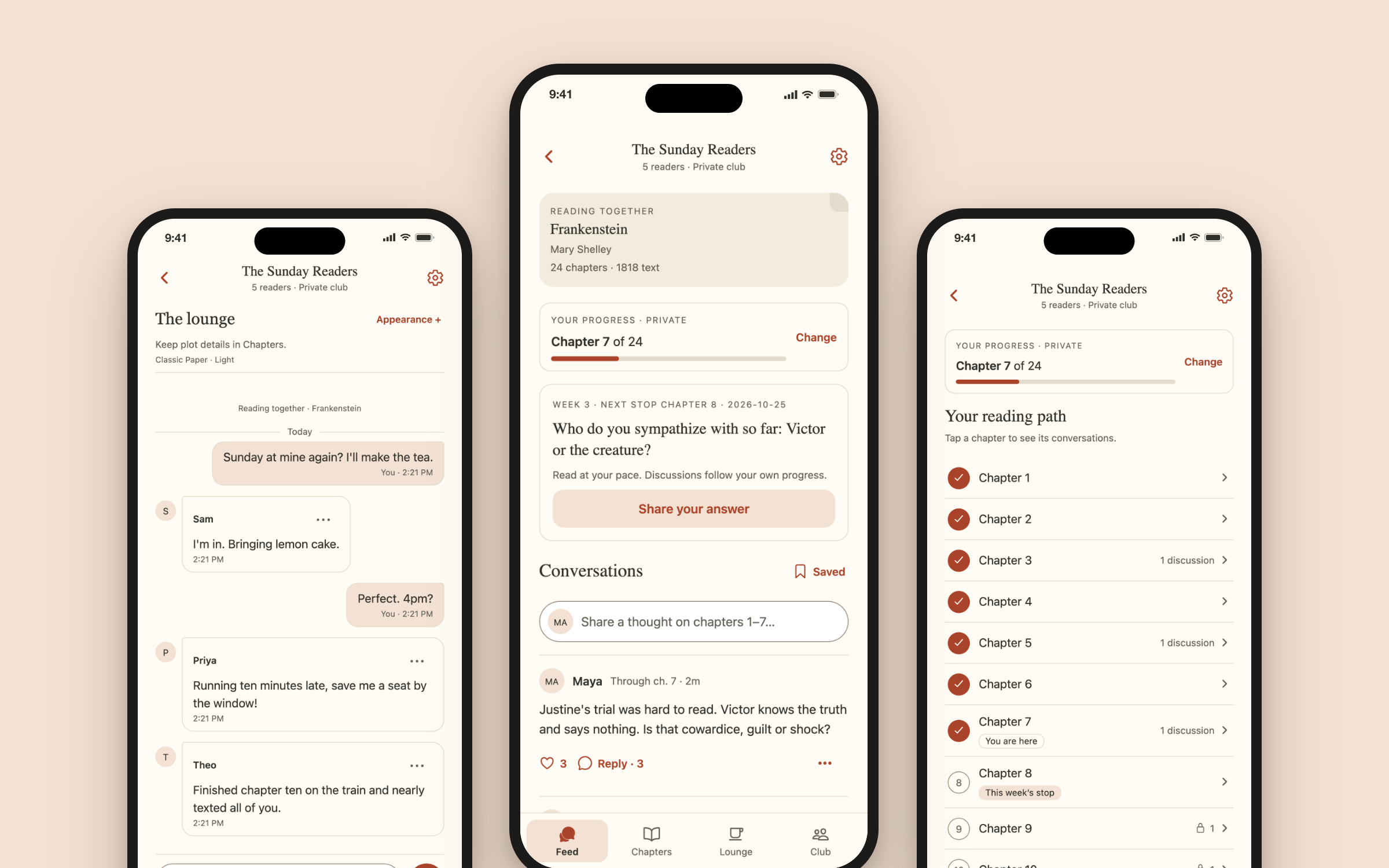 Afterword on iPhone: the club lounge, the conversation feed and a private reading path
